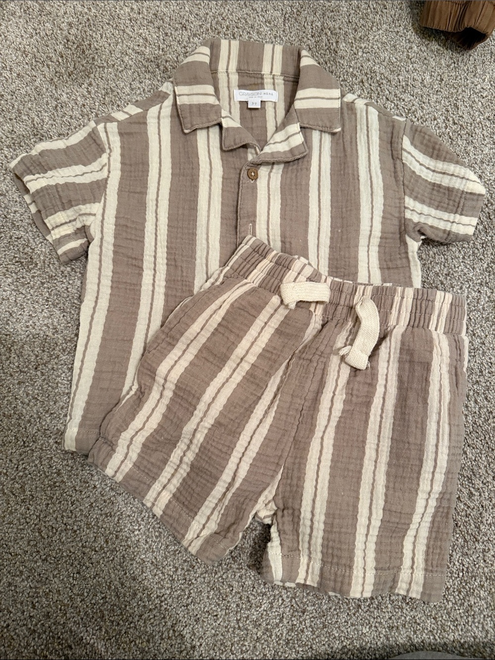 Striped Brown & Cream Kids Pajama Set - Short Sleeve Top & Drawstring Shorts